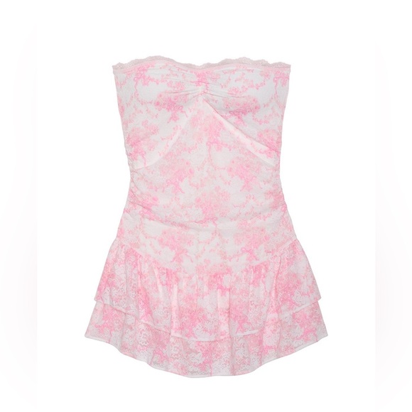 🎀PINK x LoveShackFancy Strapless Lace Mini Dress Ruffles Charlamagne Harbor Pink - Picture 2 of 14